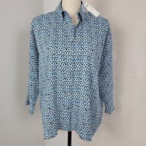 Chico's NEW Women 4/6 Blue Mosaic Pattern Boxy Dolman Sleeve Travel  Shirt
